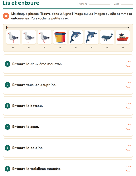 Aperçu de la fiche Lecture de consignes avec Plage pour CP (cours préparatoire)