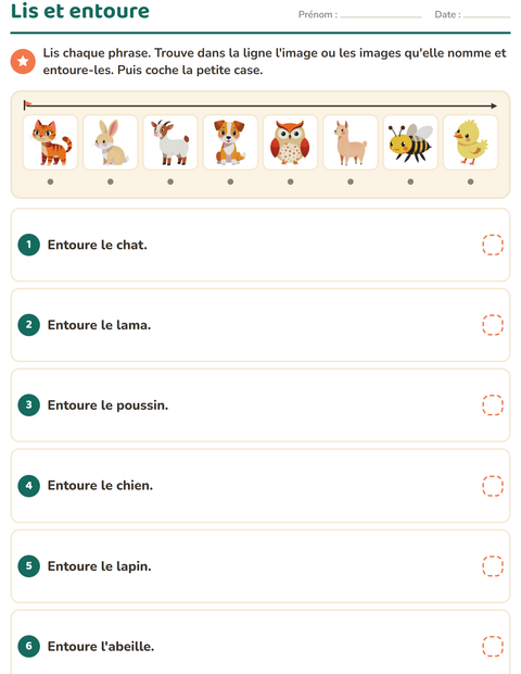 Aperçu de la fiche Lecture de consignes avec Animaux de la ferme pour CP (cours préparatoire)