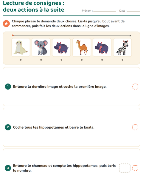 Aperçu de la fiche Lecture de consignes avec Animaux du zoo pour CP (cours préparatoire)