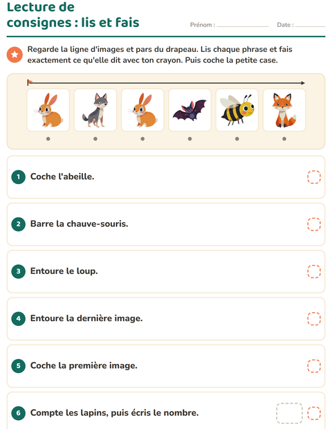 Aperçu de la fiche Lecture de consignes avec Créatures de la forêt pour CP (cours préparatoire)