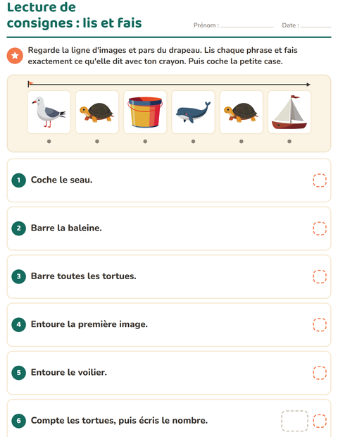 Aperçu de la fiche Lecture de consignes avec Plage pour CP (cours préparatoire)