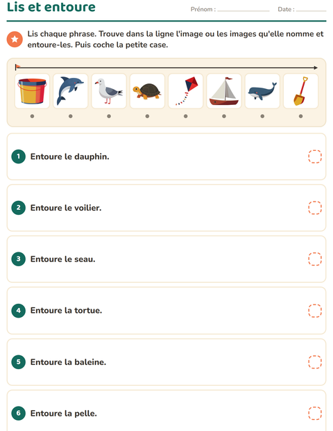 Aperçu de la fiche Lecture de consignes avec Plage pour CP (cours préparatoire)