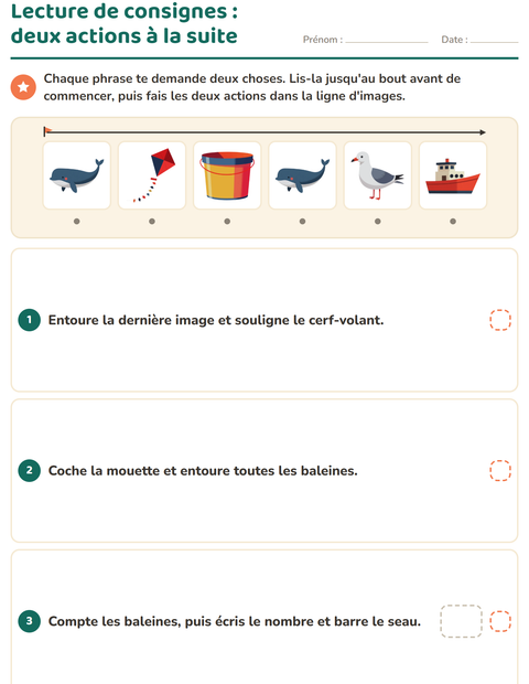 Aperçu de la fiche Lecture de consignes avec Plage pour CP (cours préparatoire)