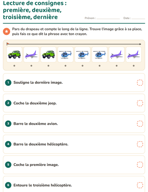 Aperçu de la fiche Lecture de consignes avec Véhicules pour CP (cours préparatoire)