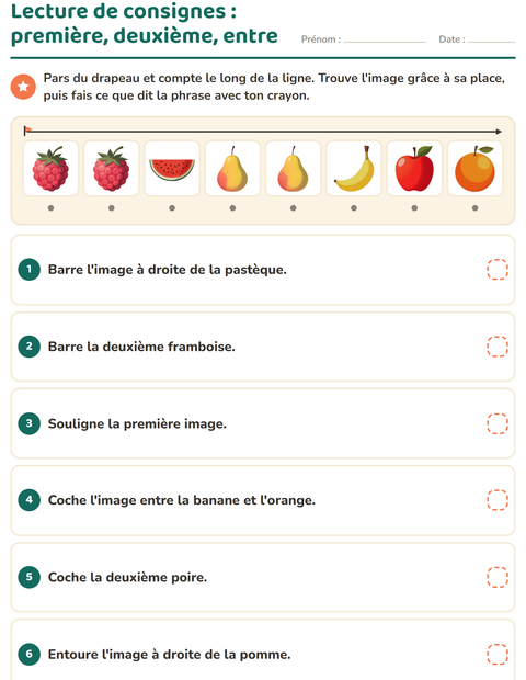 Lecture de consignes : première, deuxième, entre, trouve l'image grâce à sa place