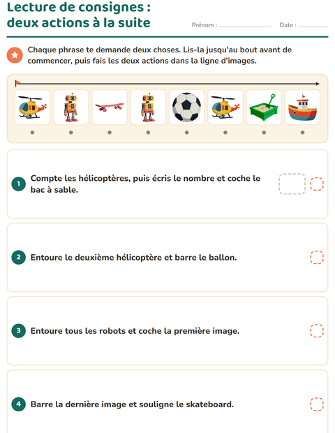 Aperçu de la fiche Lecture de consignes avec Jouets pour CP (cours préparatoire)