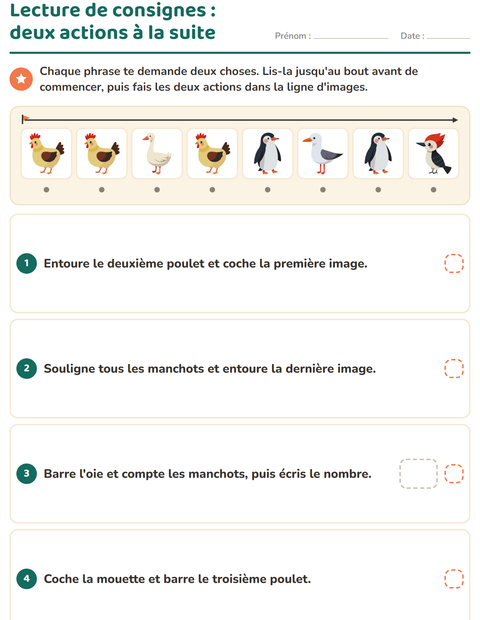 Aperçu de la fiche Lecture de consignes avec Oiseaux 2 pour CP (cours préparatoire)