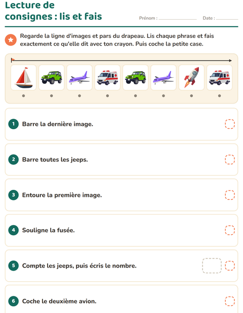 Aperçu de la fiche Lecture de consignes avec Véhicules pour CP (cours préparatoire)