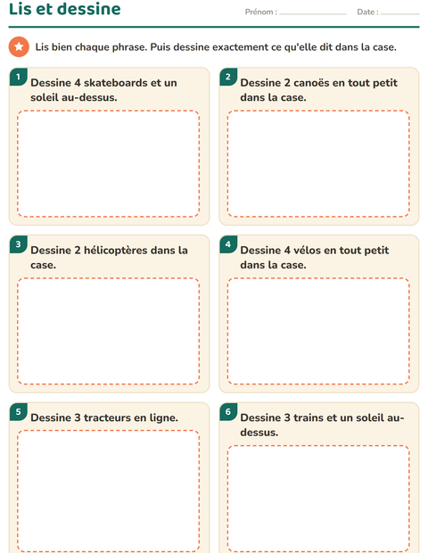 Aperçu : Lis et dessine : dessine exactement ce que dit la phrase