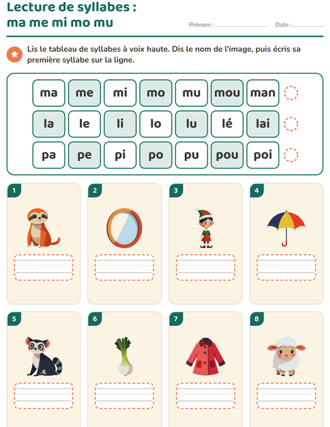 Aperçu de la fiche Lecture de syllabes pour CP (cours préparatoire)