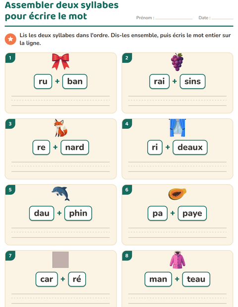 Aperçu de la fiche Lecture de syllabes pour CP (cours préparatoire)