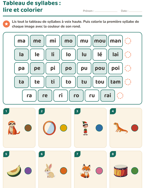Aperçu de la fiche Lecture de syllabes pour CP (cours préparatoire)