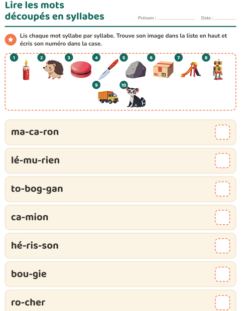 Aperçu de la fiche Lecture de syllabes pour CP (cours préparatoire)