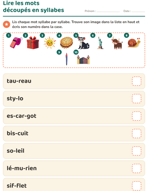 Aperçu de la fiche Lecture de syllabes pour CP (cours préparatoire)