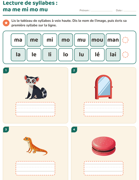 Aperçu de la fiche Lecture de syllabes pour CP (cours préparatoire)