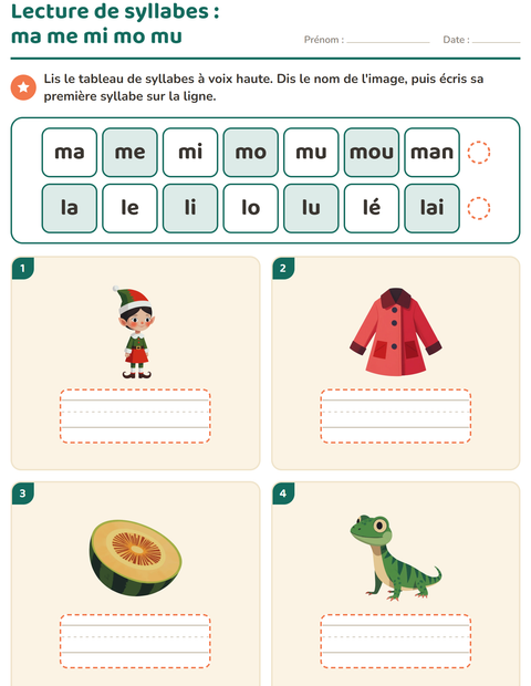 Aperçu de la fiche Lecture de syllabes pour CP (cours préparatoire)