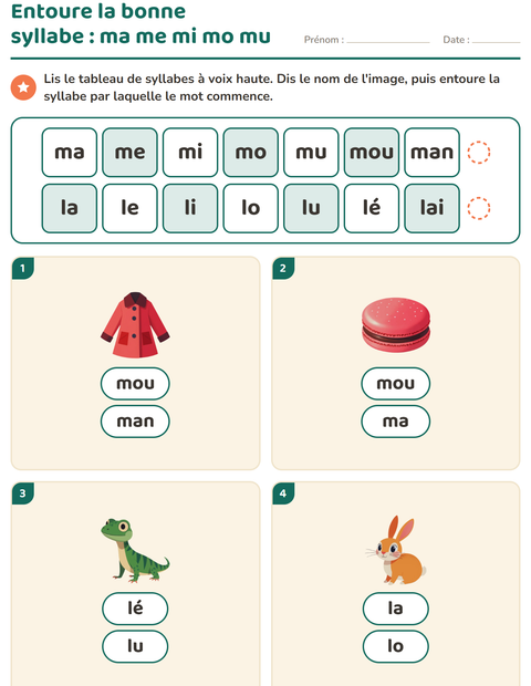 Aperçu de la fiche Lecture de syllabes pour CP (cours préparatoire)