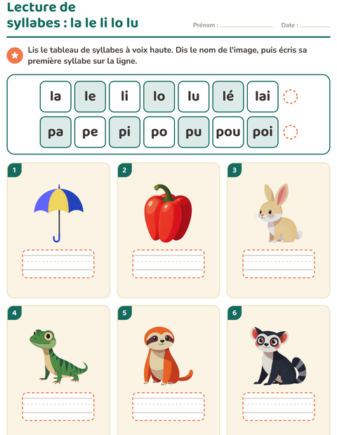 Aperçu de la fiche Lecture de syllabes pour CP (cours préparatoire)