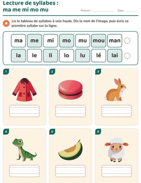 Lecture de syllabes : lire le tableau, puis écrire la première syllabe