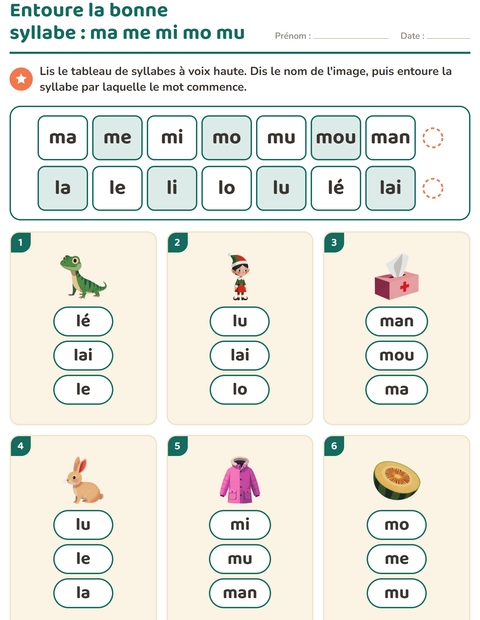 Aperçu de la fiche Lecture de syllabes pour CP (cours préparatoire)