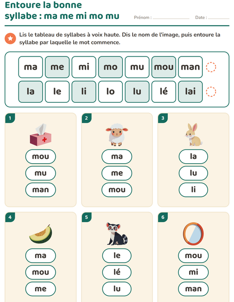 Aperçu de la fiche Lecture de syllabes pour CP (cours préparatoire)