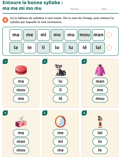 Entourer la bonne syllabe : trois étiquettes sous chaque image