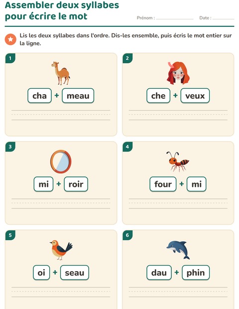 Aperçu : Assembler deux syllabes pour écrire le mot entier : cha + meau