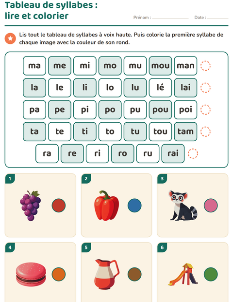 Tableau de syllabes : lire cinq rangées, puis colorier la syllabe de chaque image