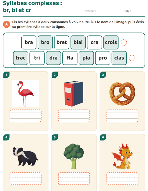 Syllabes complexes : lire bra, bro, cra, puis écrire la première syllabe