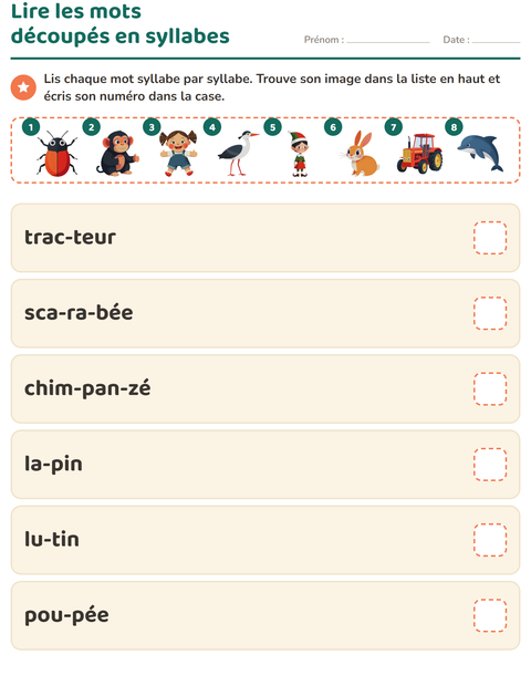 Aperçu de la fiche Lecture de syllabes pour CP (cours préparatoire)