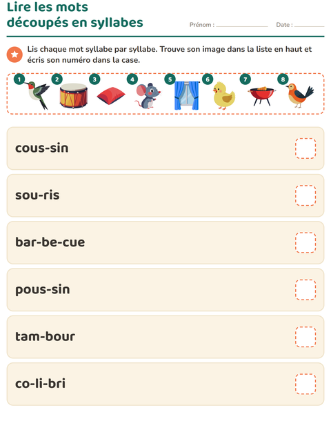 Aperçu : Lire les mots découpés en syllabes : retrouver l'image et écrire son numéro