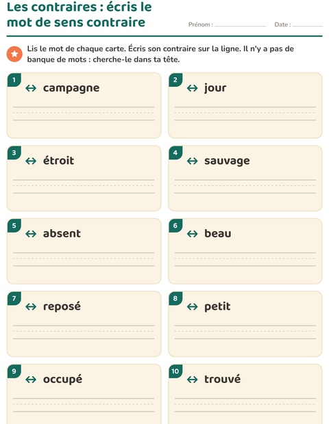 Aperçu de la fiche Les contraires pour CP (cours préparatoire)
