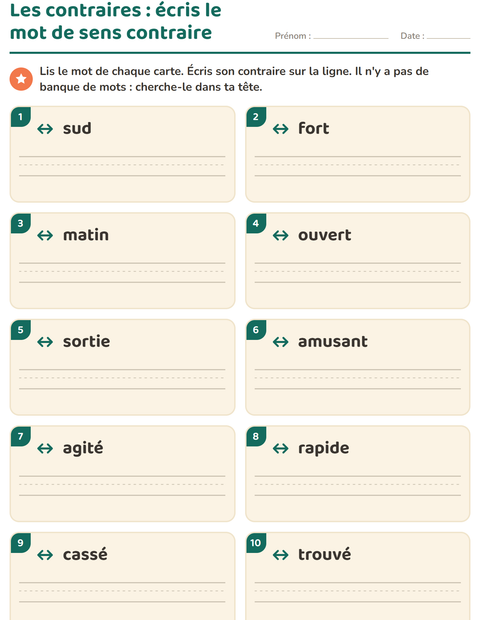 Aperçu de la fiche Les contraires pour CP (cours préparatoire)
