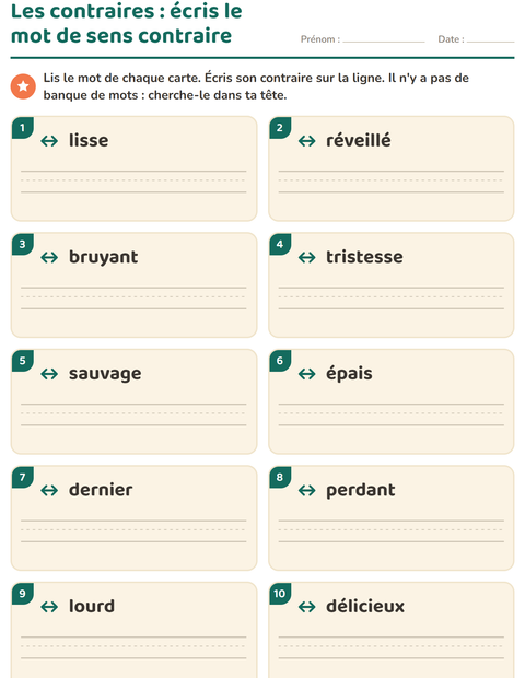 Aperçu de la fiche Les contraires pour CP (cours préparatoire)