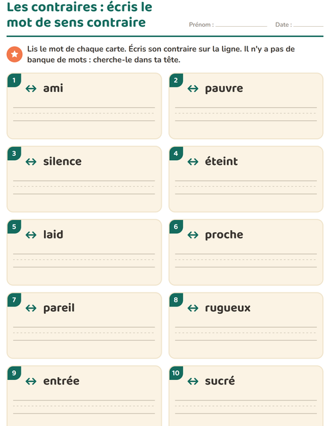 Aperçu de la fiche Les contraires pour CP (cours préparatoire)