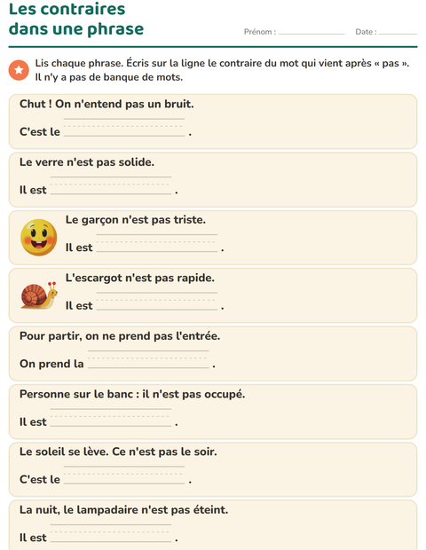 Aperçu de la fiche Les contraires pour CP (cours préparatoire)
