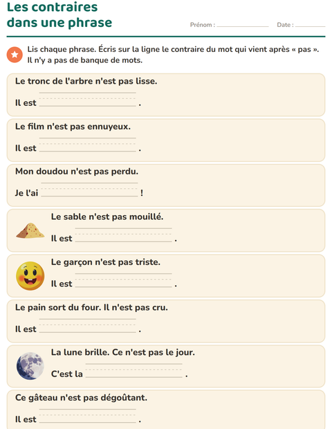 Aperçu de la fiche Les contraires pour CP (cours préparatoire)