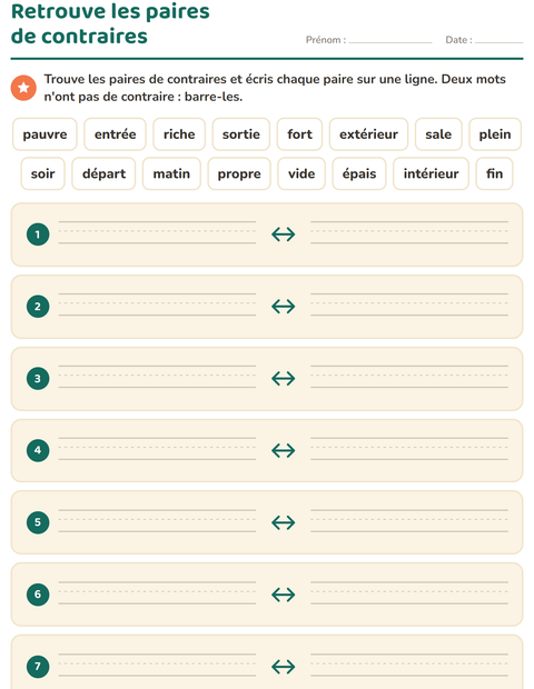 Aperçu de la fiche Les contraires pour CP (cours préparatoire)
