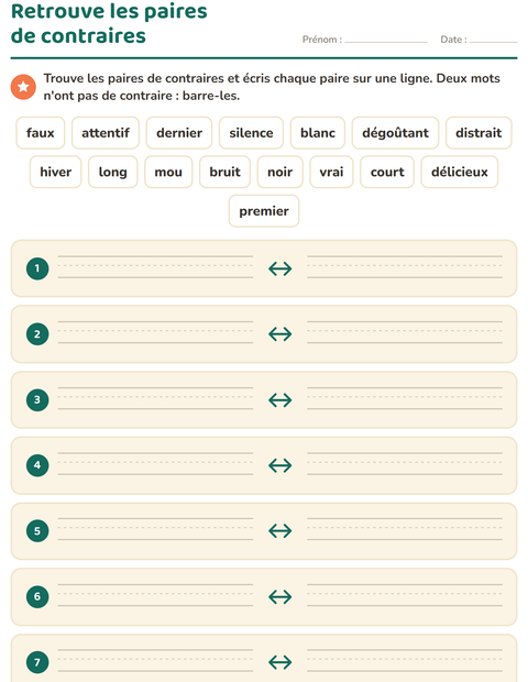 Aperçu de la fiche Les contraires pour CP (cours préparatoire)