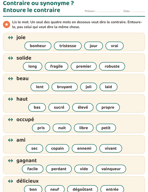 Aperçu de la fiche Les contraires pour CP (cours préparatoire)
