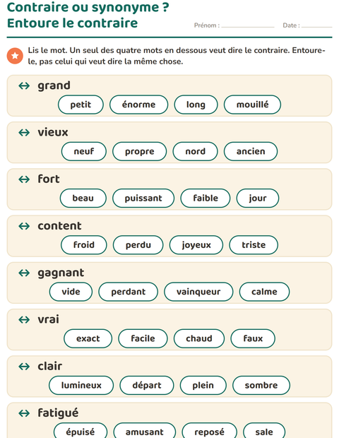 Aperçu de la fiche Les contraires pour CP (cours préparatoire)