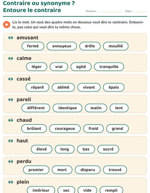 Aperçu de la fiche Les contraires pour CP (cours préparatoire)