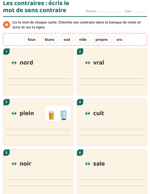 Aperçu de la fiche Les contraires pour CP (cours préparatoire)