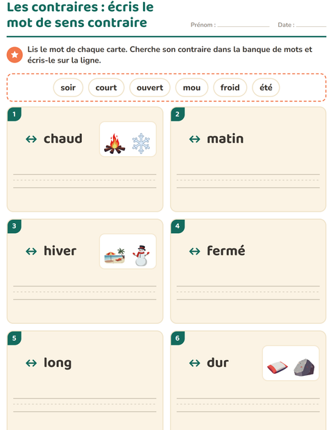 Aperçu de la fiche Les contraires pour CP (cours préparatoire)