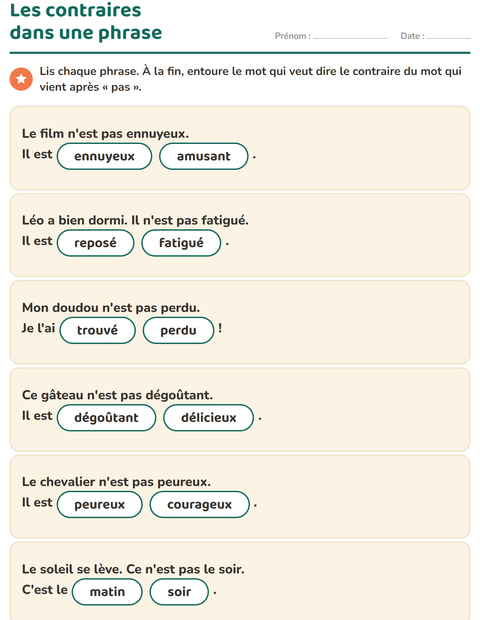 Aperçu de la fiche Les contraires pour CP (cours préparatoire)