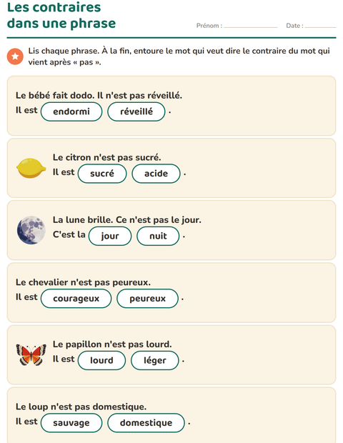 Aperçu de la fiche Les contraires pour CP (cours préparatoire)