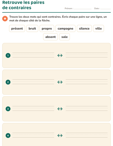 Aperçu de la fiche Les contraires pour CP (cours préparatoire)