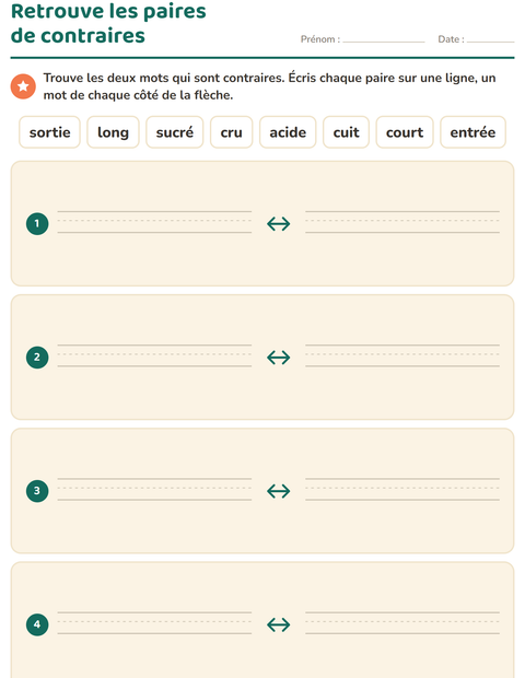 Aperçu de la fiche Les contraires pour CP (cours préparatoire)