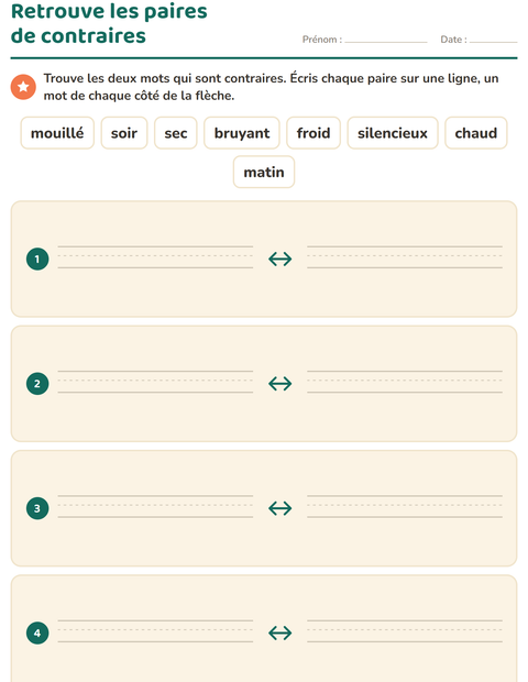 Aperçu de la fiche Les contraires pour CP (cours préparatoire)