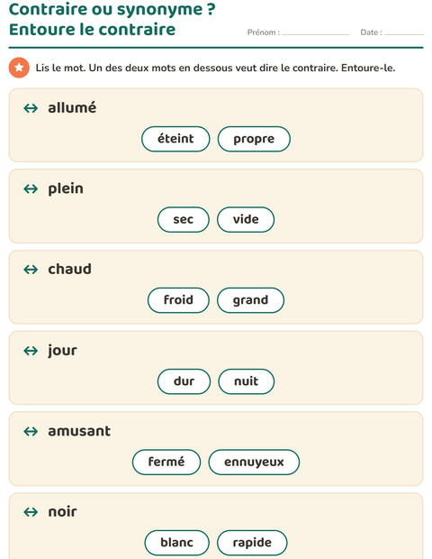 Aperçu de la fiche Les contraires pour CP (cours préparatoire)